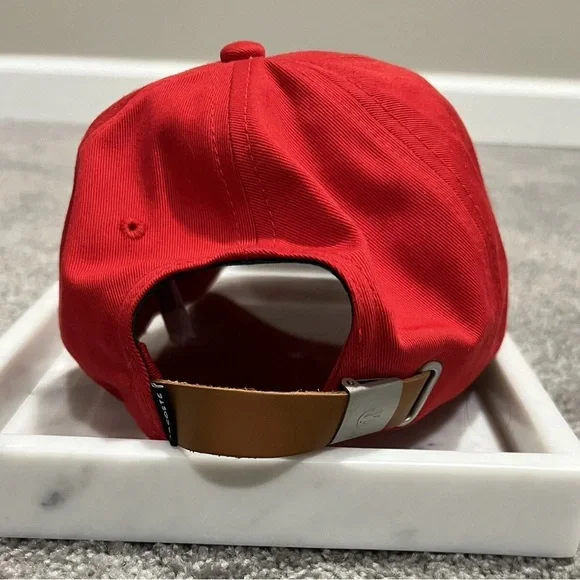 Lacoste Big Crocodile Cotton Twill Hat Cap Adjustable Leather Strap O/S, Red - Picture 2 of 4